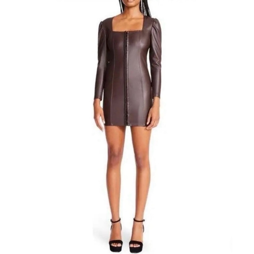 NWT Betsey Johnson-Chocolate Brown Baddie faux leather hook front dress.Size 12